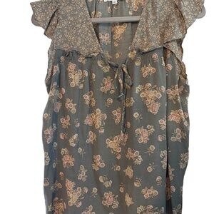 DR2 Floral Tie-Front Blouse with Ruffle Sleeves